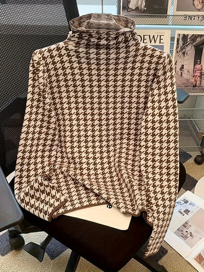 Vzyzv Houndstooth Pattern Turtle Neck Pullover Sweater, Elegant Long Sleeve Slim Versatile Sweater, Women's Clothing