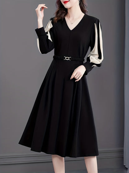 Vzyzv Color Block V Neck Dress, Casual Long Sleeve Versatile Dress, Women's Clothing