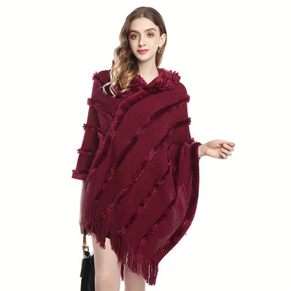 Vzyzv Loose Knit Hooded Pullover Poncho Large Solid Color Batwing Tassel Shawl Autumn Winter Travel Outside Windproof Cape