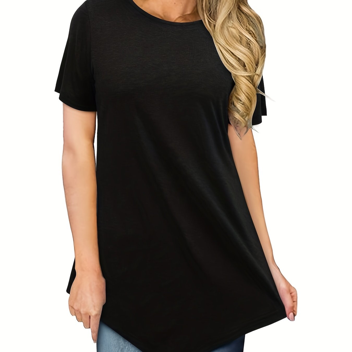 Vzyzv Solid Asymmetrical Hem T-shirt, Casual Crew Neck Short Sleeve Summer T-shirt, Women's Clothing