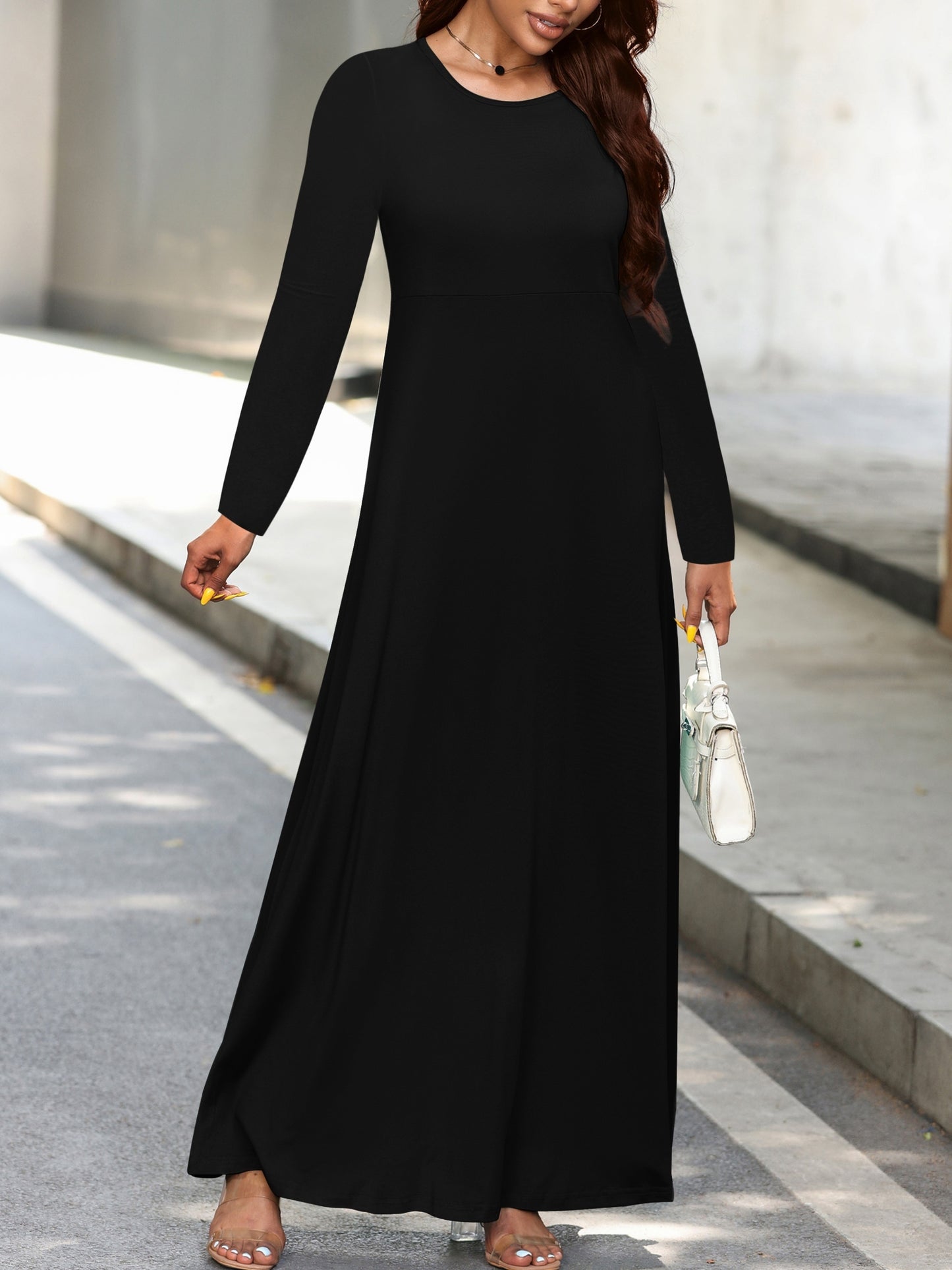 Vzyzv Plus Size Casual Dress, Women's Plus Solid Long Sleeve Round Neck High Stretch Maxi Dress