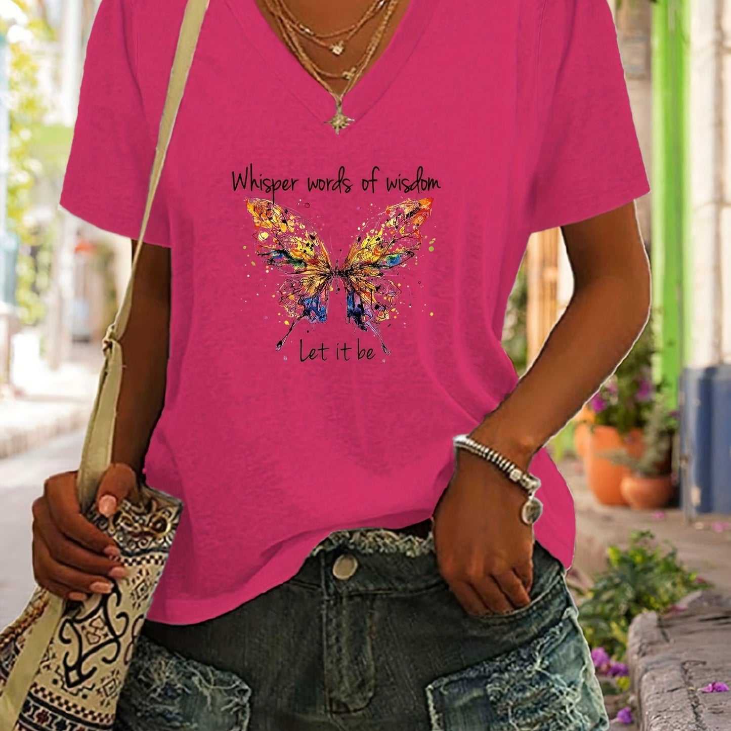 Vzyzv Letter & Butterfly Print T-Shirt, V Neck Short Sleeve T-Shirt, Casual Every Day Tops, Women's Clothing