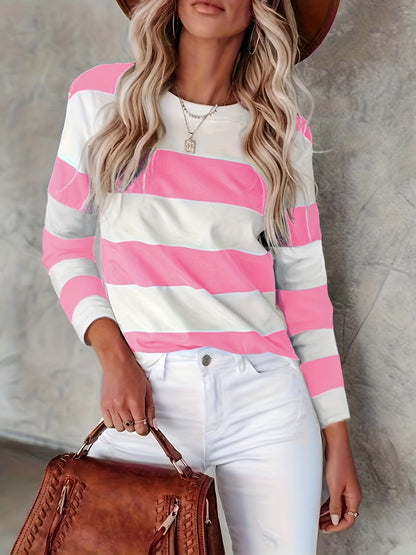 Vzyzv Versatile Long Sleeve Striped T-Shirt, Crew Neck Casual Top For Spring & Fall, Women's Clothing