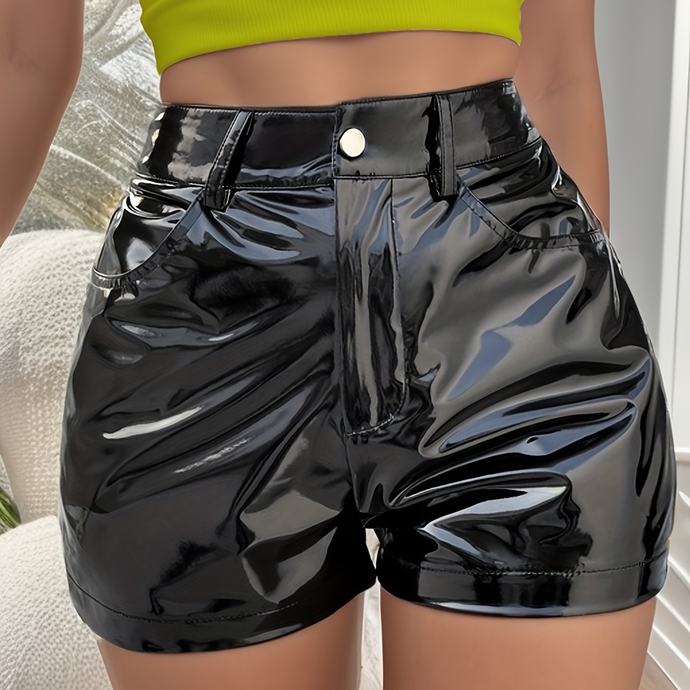 Vzyzv Solid PU Leather Pocket Shorts, Elegant Shorts For Spring & Summer, Women's Clothing