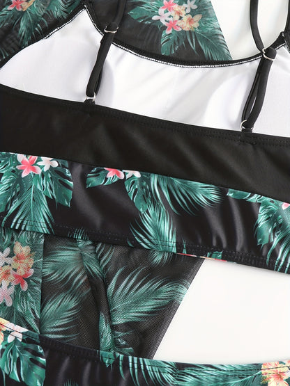 Vzyzv Tropical Print Contrast Trim Scoop Neck Bikini Set, High Strech Spaghetti Straps Cover Up Swimsuit, 3 Piece Set, Women's Swimwear & Clothing