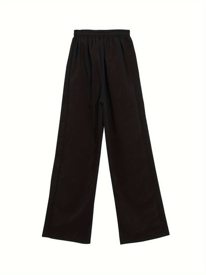 Vzyzv Solid Drawstring Wide Leg Pants, Casual High Waist Long Length Loose Pants, Women's Clothing