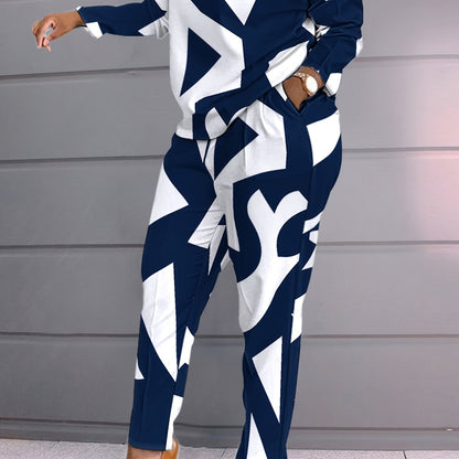 Vzyzv Plus Size Geometric Print Long Sleeve Tops & Straight Leg Pants Set, Women's Plus Slight Stretch Casual 2pcs Set Outfits, Women Plus Size Two Piece Set