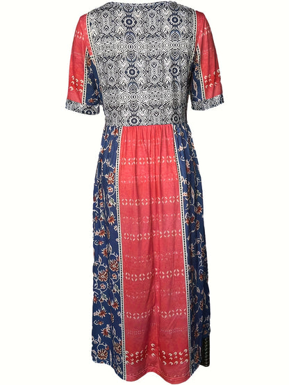 Vzyzv Floral Print Crew Neck Dress, Casual Short Sleeve Dress For Spring & Summer, Women's Clothing