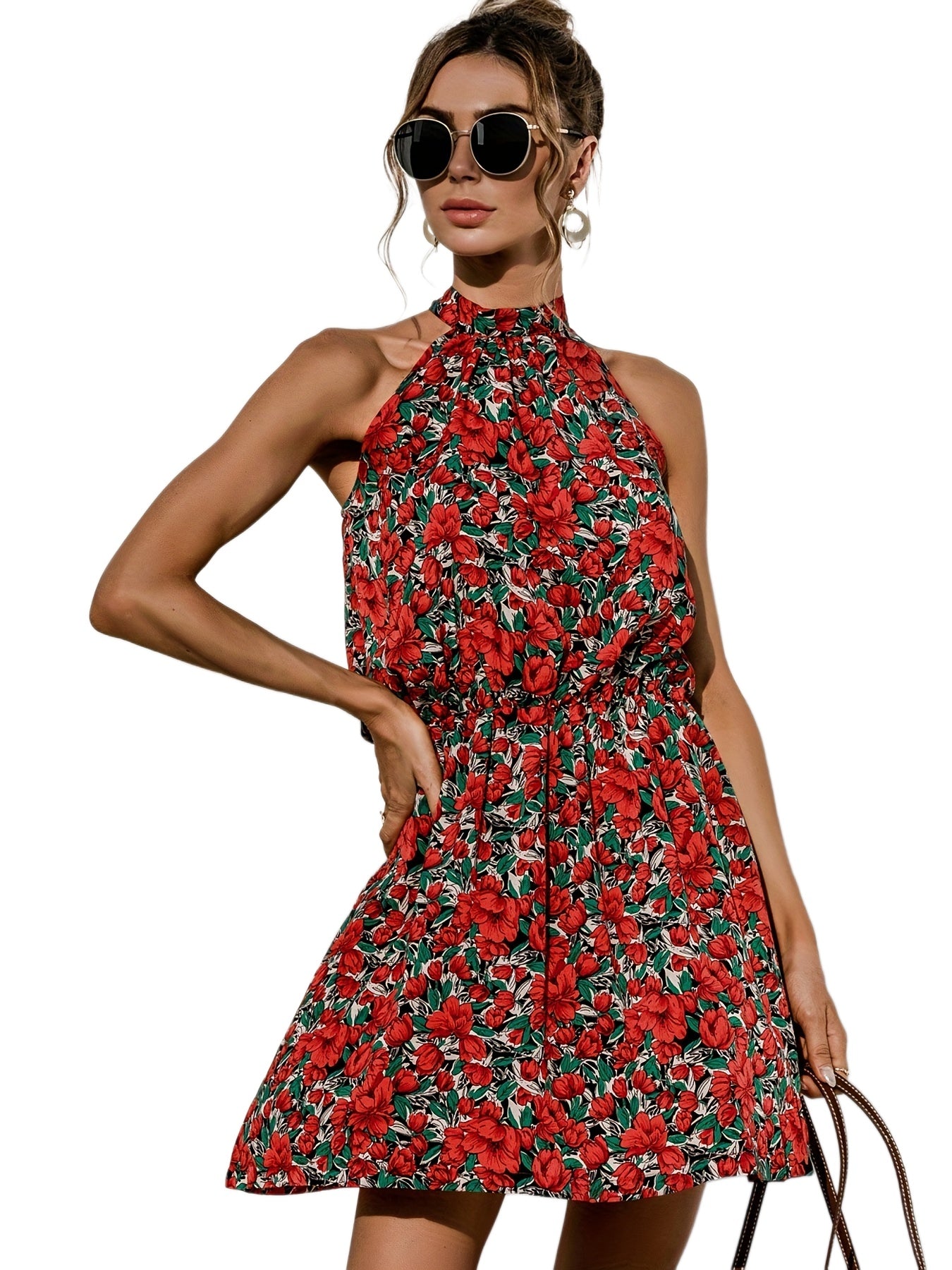 Vzyzv Floral Print Halter Neck Dress, Sexy Sleeveless Dress For Spring & Summer, Women's Clothing