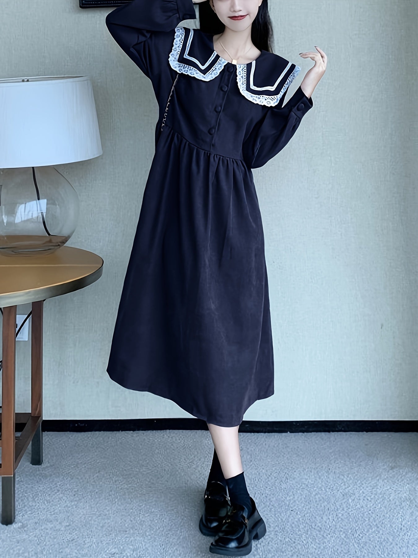 Vzyzv Contrast Trim Sailor Collar Belted Dress, Preppy Long Sleeve Ruffle Hem Aline Dress For Spring & Fall, Women's Clothing