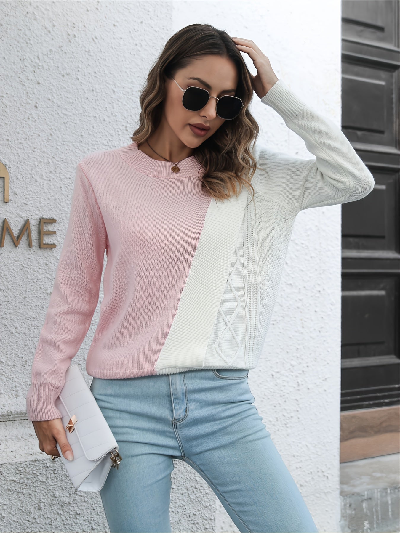 Vzyzv Women's Sweater Casual Crew Neck Colorblock Long Sleeve Loose Fall Winter Knitted Sweater