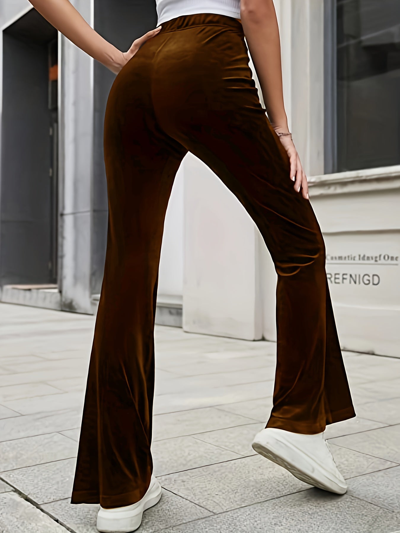 Vzyzv Solid Velvet Flare Leg Pants, Elegant High Waist Slim Pants, Women's Clothing