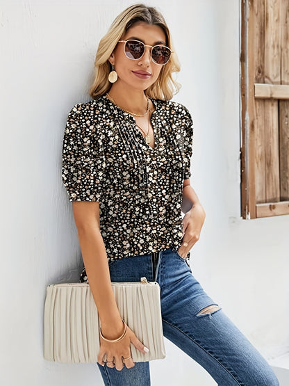 Vzyzv Ditsy Floral Print Blouse, Casual V Neck Short Sleeve Ruched Blouse, Women's Clothing