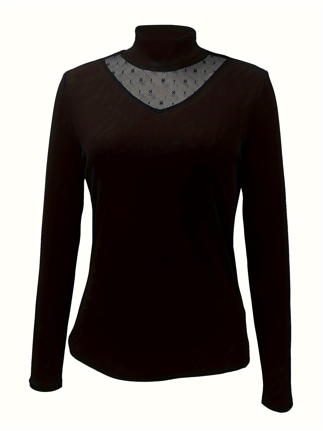 Vzyzv Contrast Mesh Mock Neck Knitted Top, Elegant Long Sleeve Slim Sweater, Women's Clothing