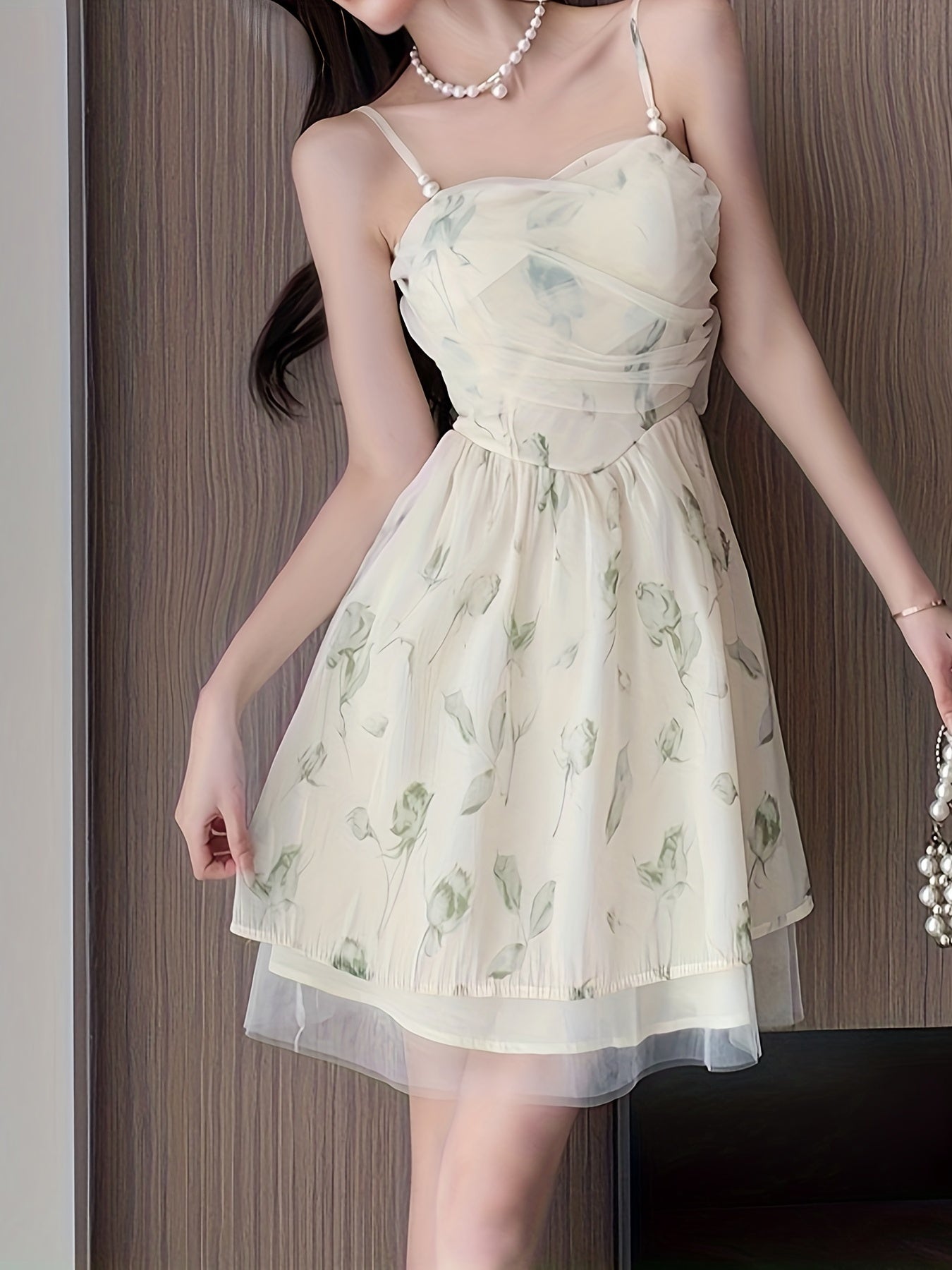 vzyzv  Floral Print Contrast Mesh Dress, Elegant Spaghetti Knot Sleeveless Dress, Women's Clothing