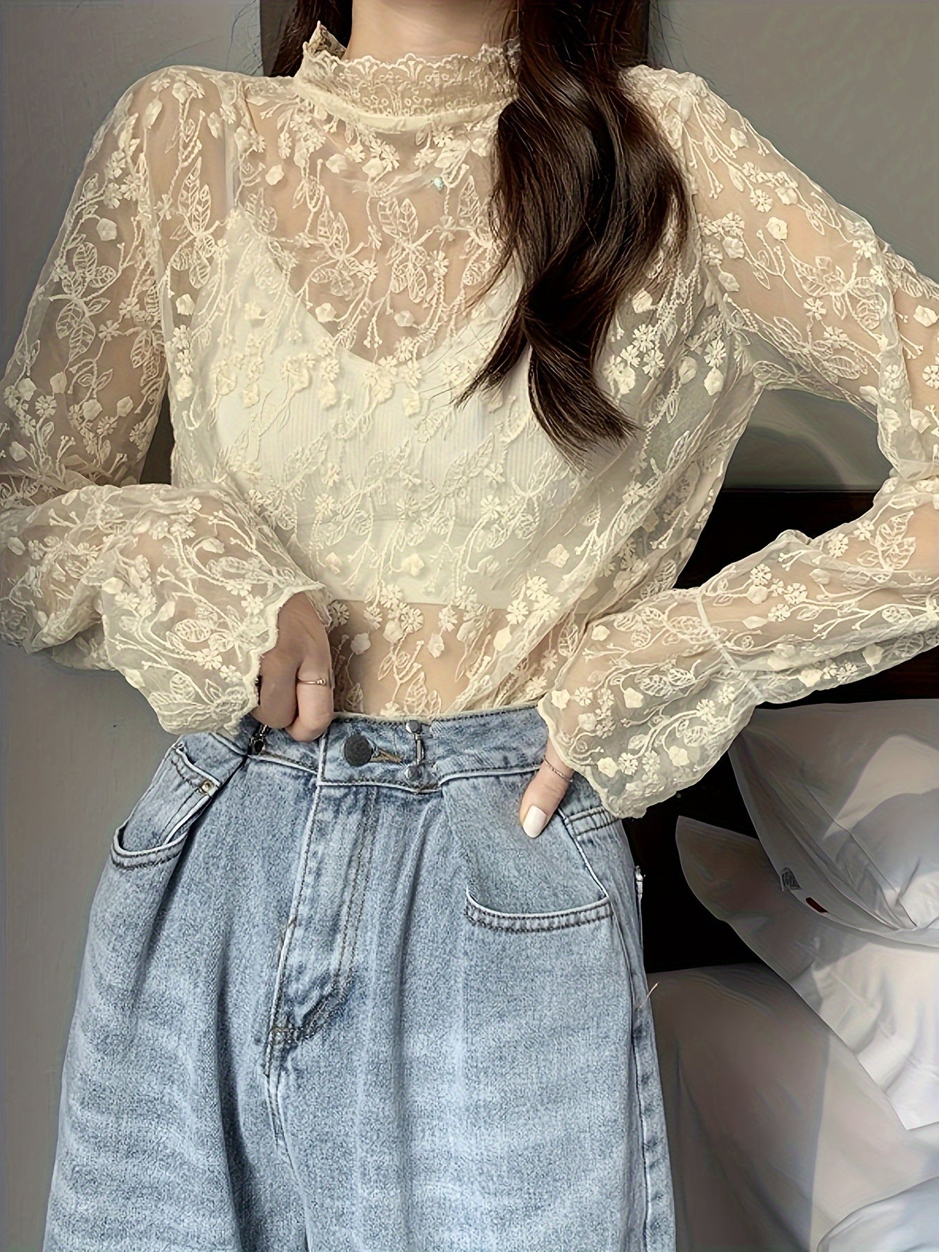 Vzyzv Guipure Lace Overlay Flare Sleeve Blouse, Casual Mock Neck Long Sleeve Blouse, Women's Clothing