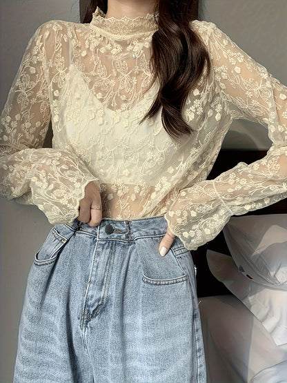 Vzyzv Guipure Lace Overlay Flare Sleeve Blouse, Casual Mock Neck Long Sleeve Blouse, Women's Clothing