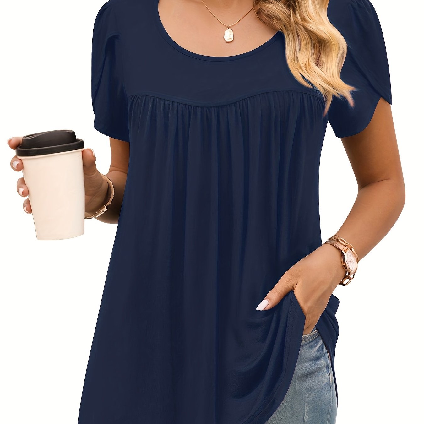 Vzyzv Solid Pleated Crew Neck T-Shirt, Casual Petal Sleeve Top For Spring & Summer, Women's Clothing