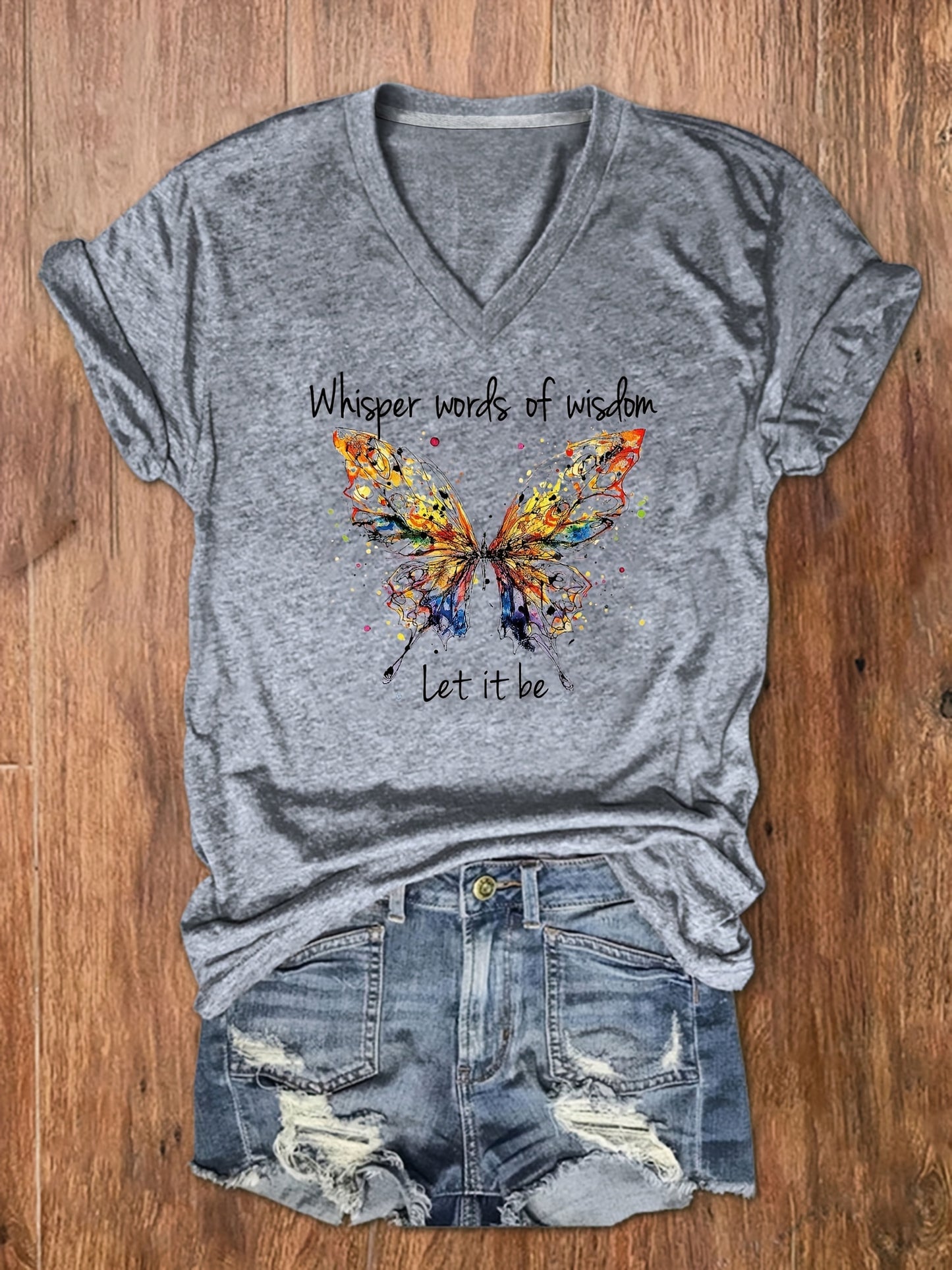 Vzyzv Letter & Butterfly Print T-Shirt, V Neck Short Sleeve T-Shirt, Casual Every Day Tops, Women's Clothing