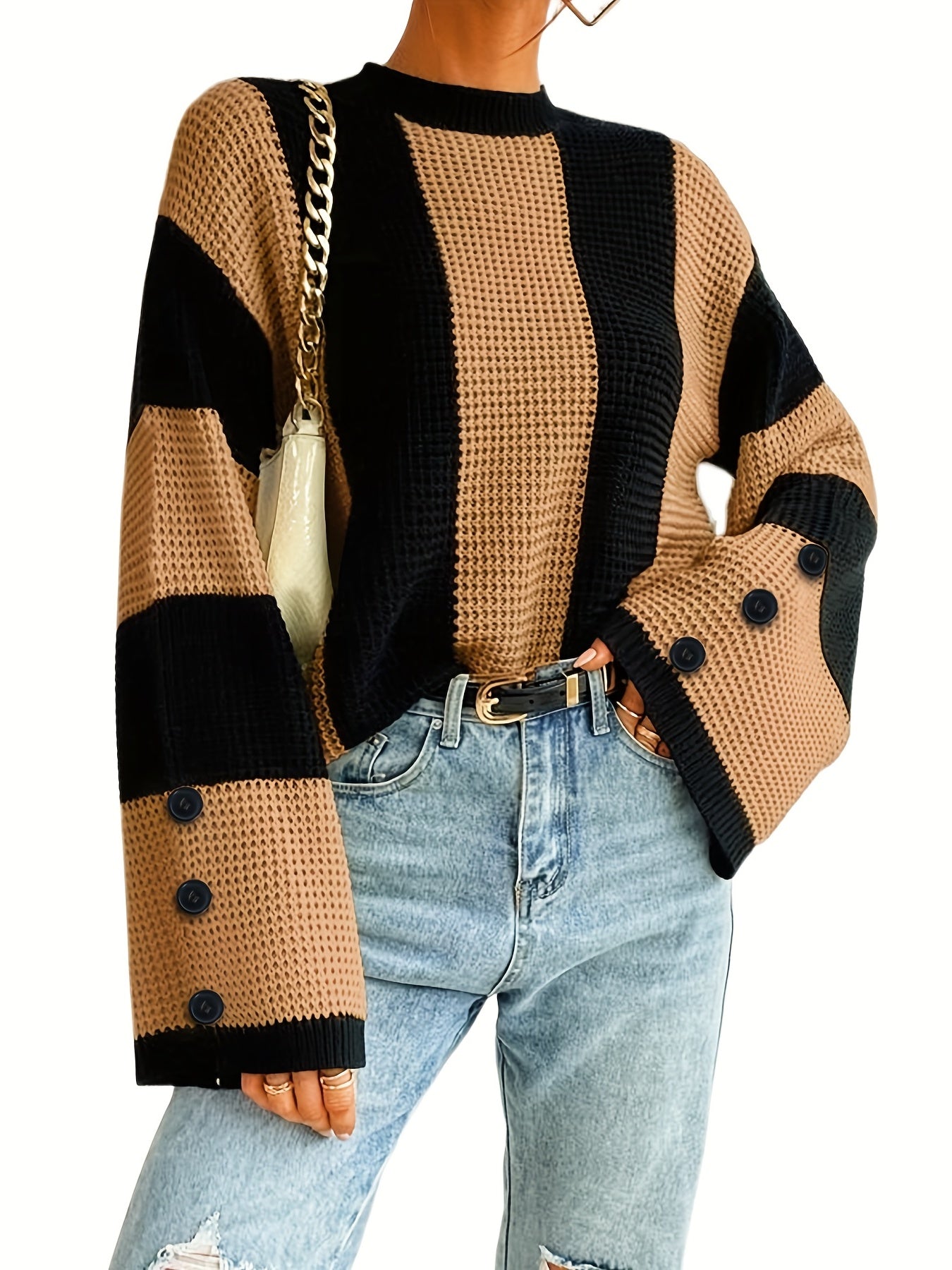 Vzyzv Striped Flare Sleeve Pullover Sweater, Casual Button Decor Crew Neck Knitted Top, Women's Clothing