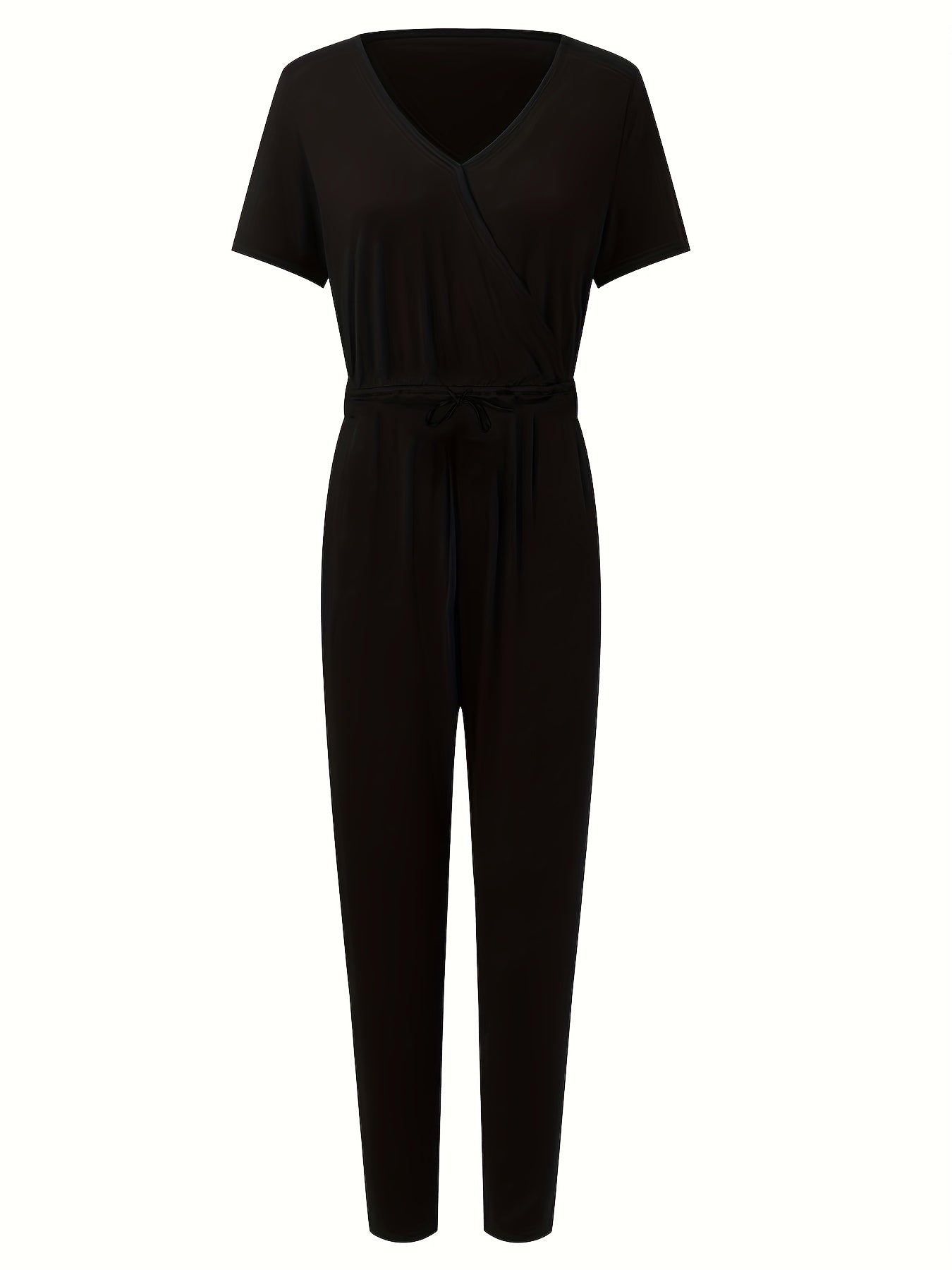 Vzyzv Solid Drawstring Waist V-neck Jumpsuit, Casual Short Sleeve Jumpsuit For Spring & Summer, Women's Clothing