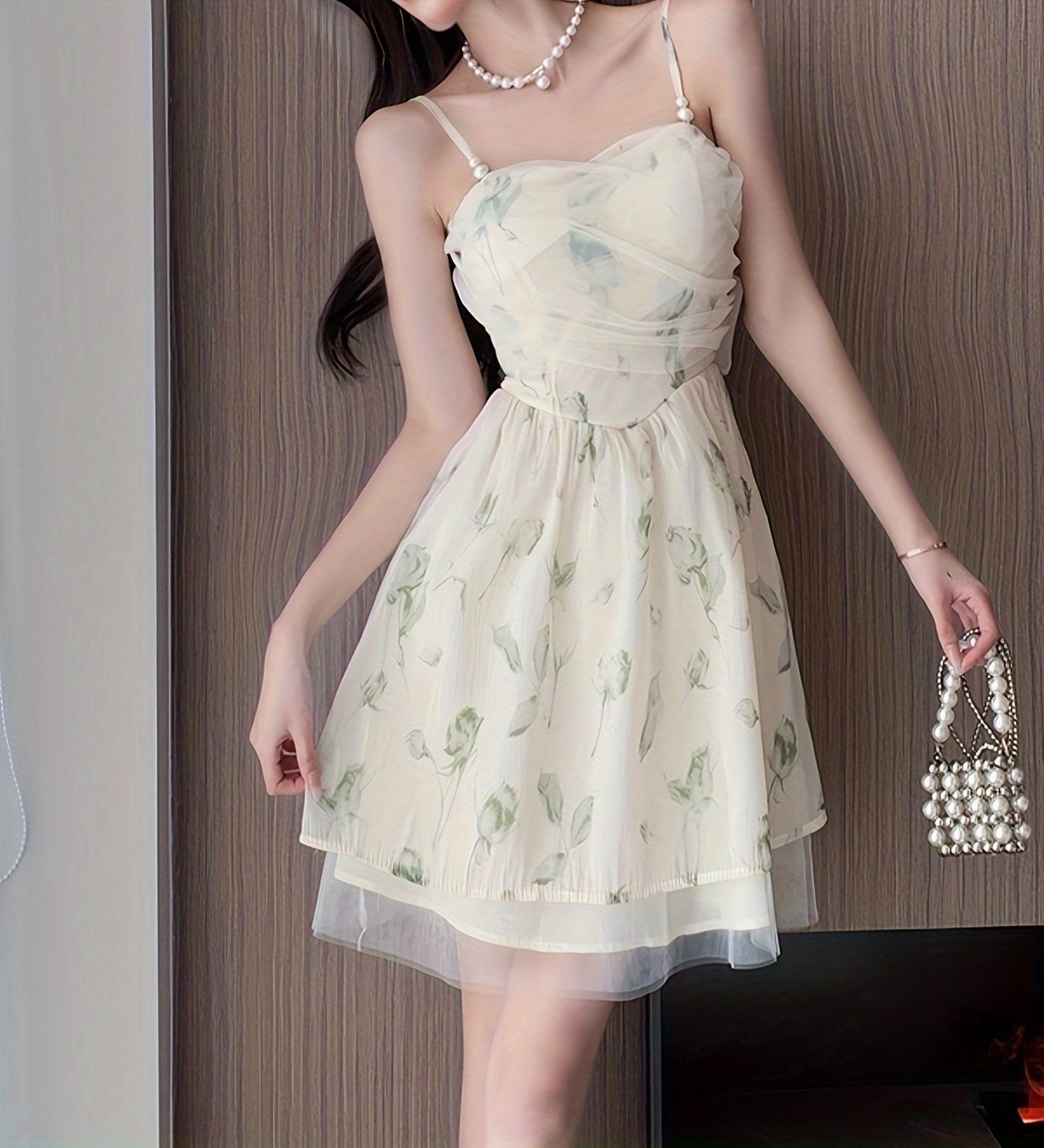 vzyzv  Floral Print Contrast Mesh Dress, Elegant Spaghetti Knot Sleeveless Dress, Women's Clothing