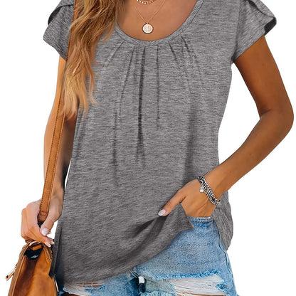 Vzyzv Petal Sleeve Split Hem T-shirt, Casual Crew Neck Solid Ruched T-shirt, Women's Clothing