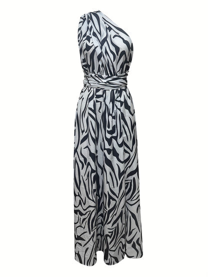 Vzyzv Abstract Print One Shoulder Dress, Elegant Backless Sleeveless Maxi Dress, Women's Clothing
