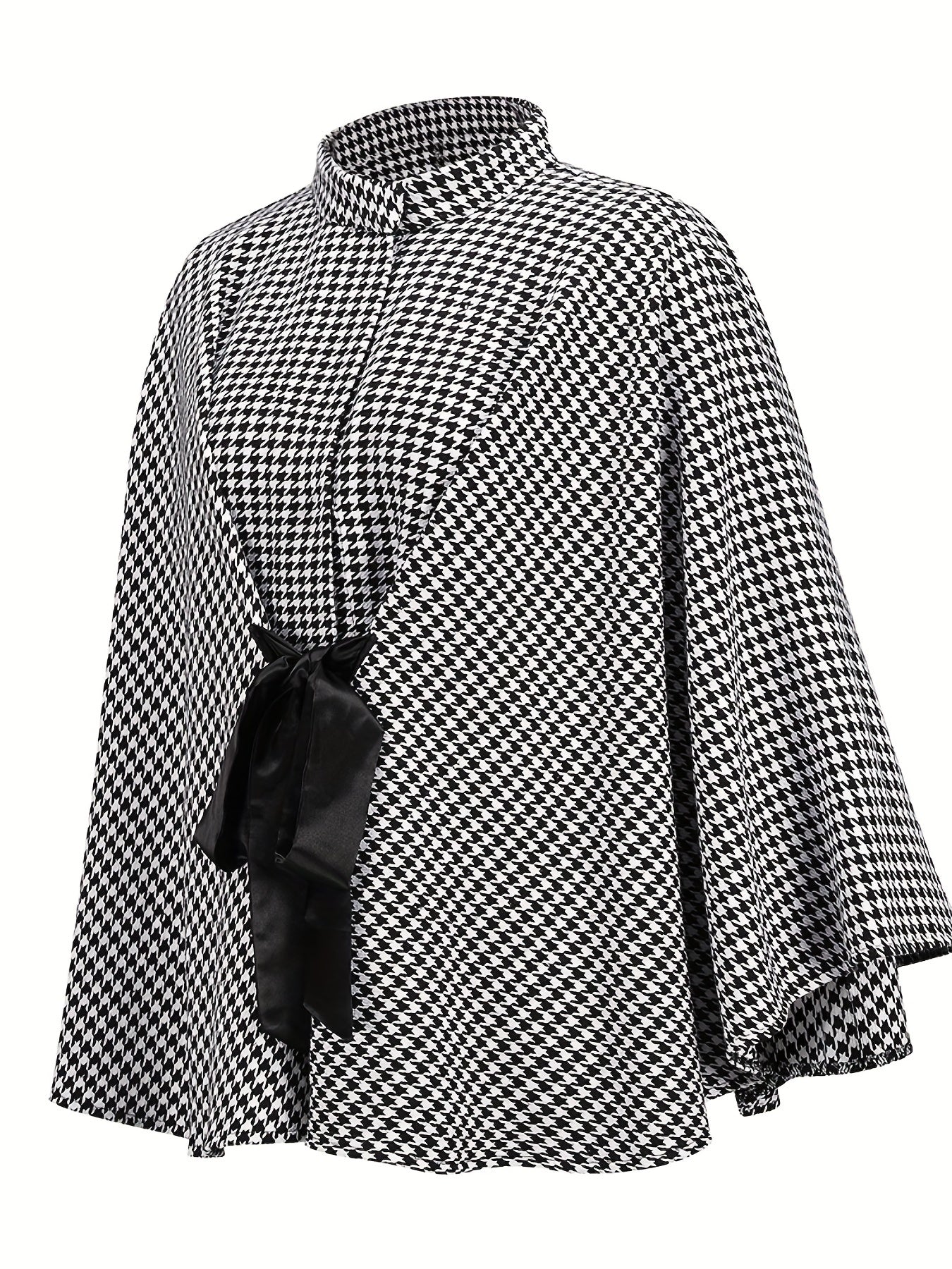 Vzyzv Houndstooth Print Cape Top, Casual Tie Front Loose Outerwear, Women's Clothing