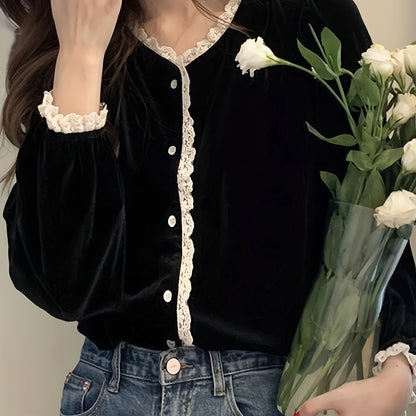 Vzyzv Lace Stitching V-neck Velvet Blouse, Vintage Long Sleeve Button Front Blouse For Spring & Fall, Women's Clothing