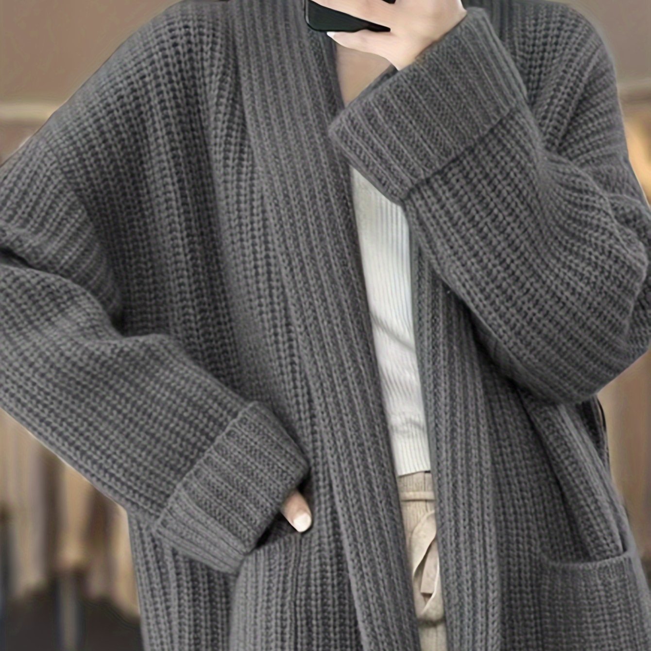 Vzyzv Solid Open Front Knit Cardigan, Casual Long Sleeve Oversized Sweater Coat With Pocket, Women's Clothing