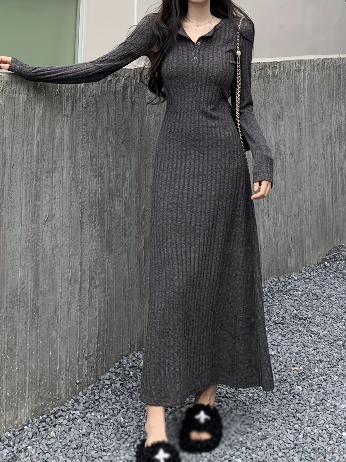 Vzyzv Button Front Lapel Neck Ribbed Dress, Chic Solid Color Long Sleeve Dress For Fall & Winter, Women's Clothing