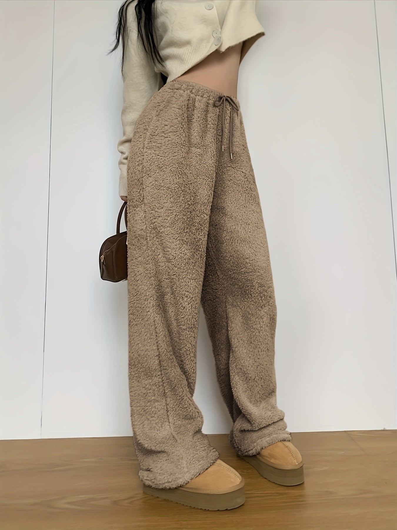 Vzyzv Solid Teddy Drawstring Pants, Casual Straight Leg High Waist Pants, Women's Clothing