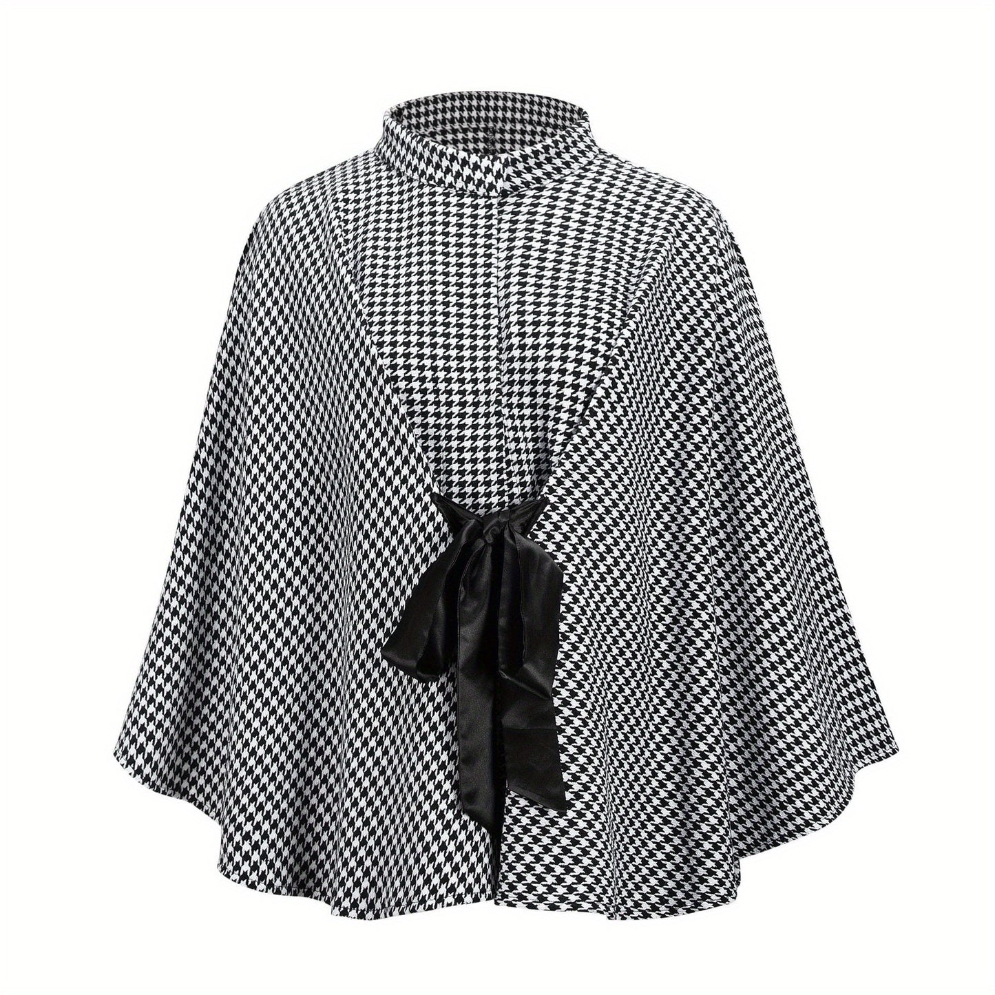 Vzyzv Houndstooth Print Cape Top, Casual Tie Front Loose Outerwear, Women's Clothing