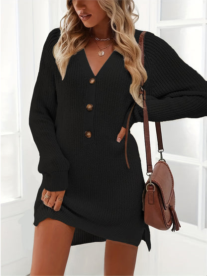 vzyzv  Button Front Sweater Dress, Casual V Neck Long Sleeve Midi Dress, Women's Clothing