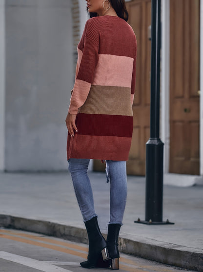 Vzyzv Color Block Drop Shoulder Cardigan, Casual Mid Length Loose Pockets Sweater, Women's Clothing