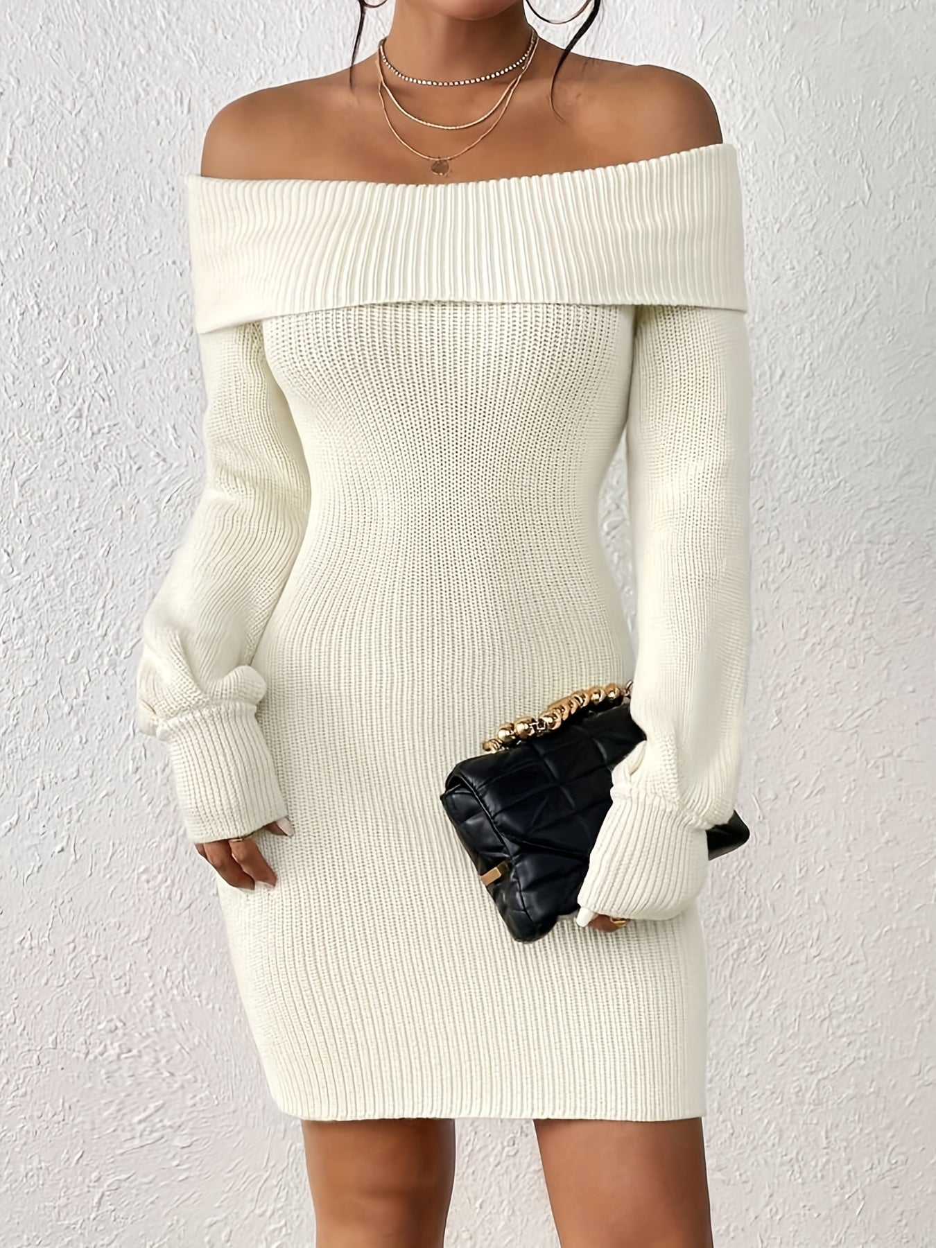 VzyzvSolid Off-shoulder Knit Dress, Elegant Long Sleeve Dress For Fall & Winter, Women's Clothing