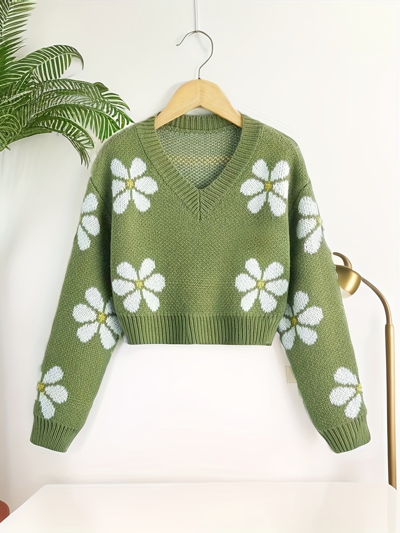 Vzyzv Floral Jacquard Girls Drop Shoulder V-neck Knitted Sweater For Fall Winter