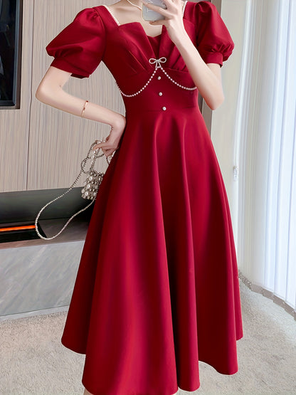 Vzyzv Tucked Puff Sleeve Solid Dress, Elegant High Waist Party Midi Dress, Women's Clothing