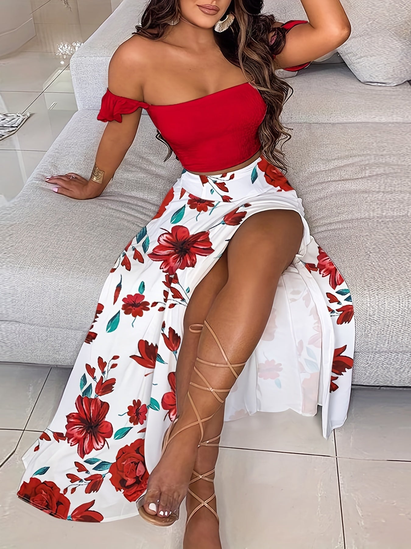 Vzyzv Vzyzv Boho Plants Print Vacation 2 Pieces Set, Off Shoulder Smocked Tube Top & High Waist Split Thigh Maxi Skirts Outfits, Women's Clothing