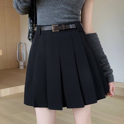 Vzyzv Solid Pleated Aline Skirt, Preppy High Waist Skirt For Spring & Fall, Women's Clothing