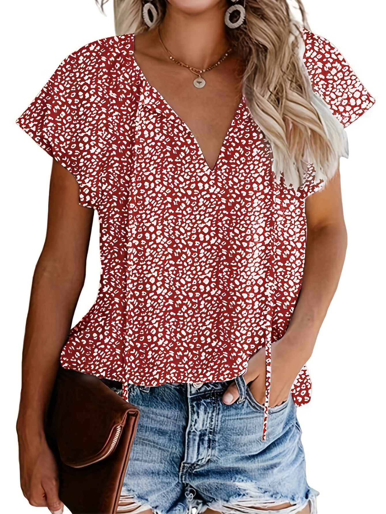 Vzyzv V Neck Flutter Sleeve Blouse, Loose Casual Top For Summer & Spring, Women's Clothing