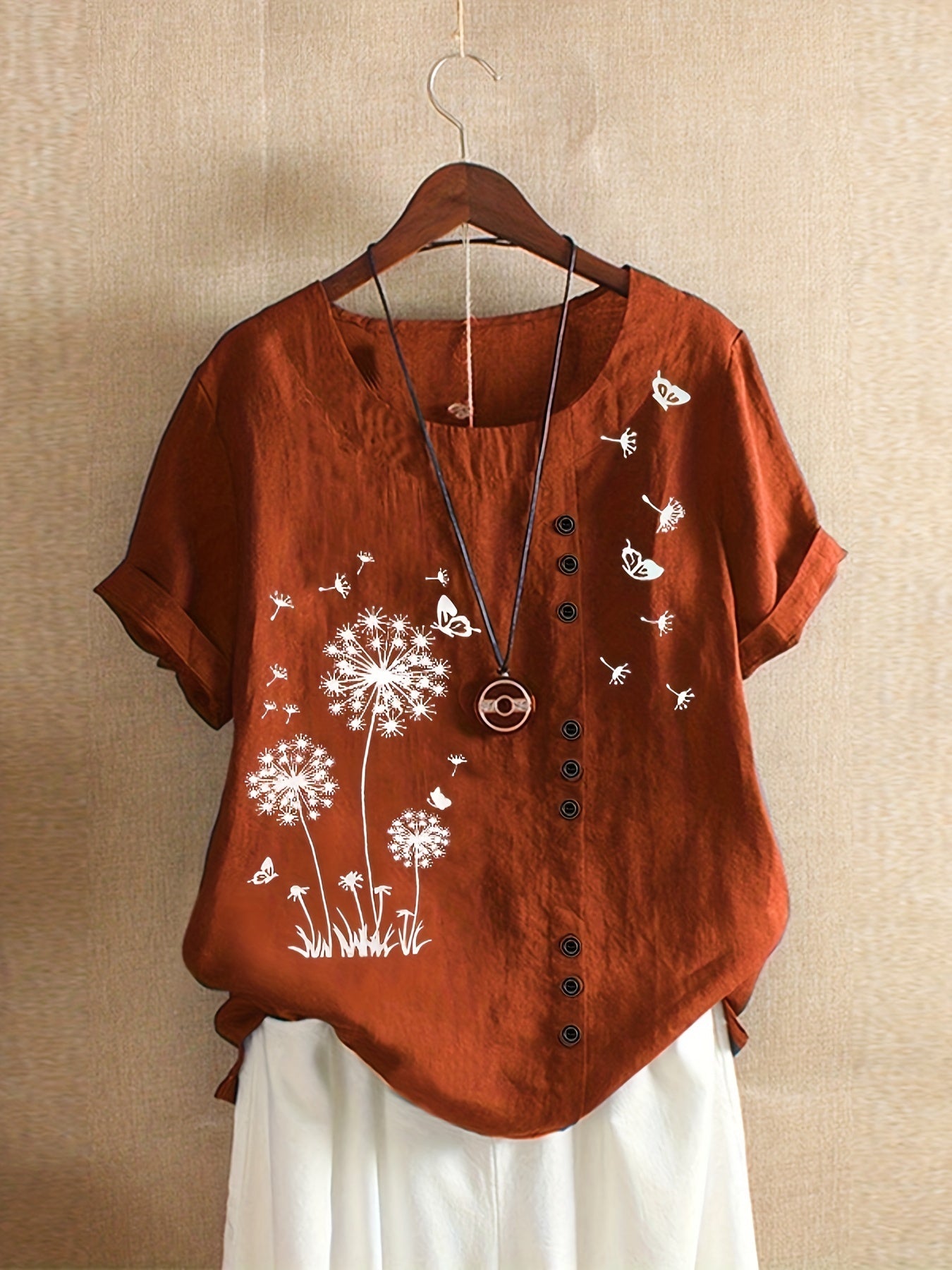 Vzyzv Dandelion Print Blouse, Casual Crew Neck Short Sleeve Blouse For Spring & Summer, Women's Clothing
