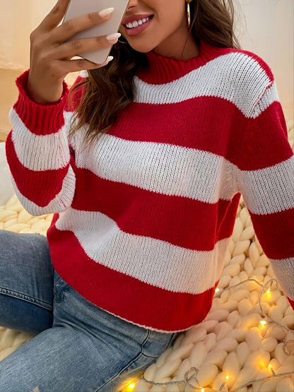 Vzyzv Striped Crew Neck Sweater, Casual Color Block Long Sleeve Loose Fall Winter Knit Sweater, Women's Clothing