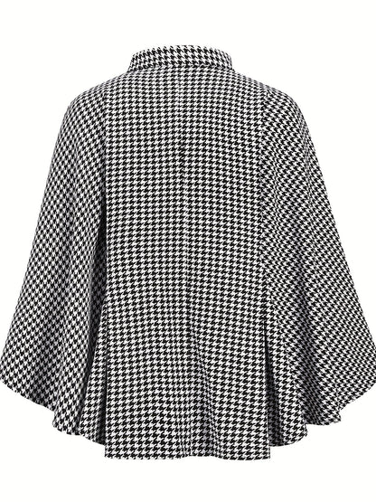 Vzyzv Houndstooth Print Cape Top, Casual Tie Front Loose Outerwear, Women's Clothing