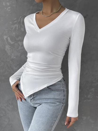 Vzyzv Solid V Neck Ruched Hanky Hem T-Shirt, Casual Long Sleeve Top For Spring & Fall, Women's Clothing