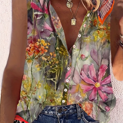 Vzyzv Floral Print Sleeveless Blouse, Casual Crew Neck Button Front Blouse, Women's Clothing