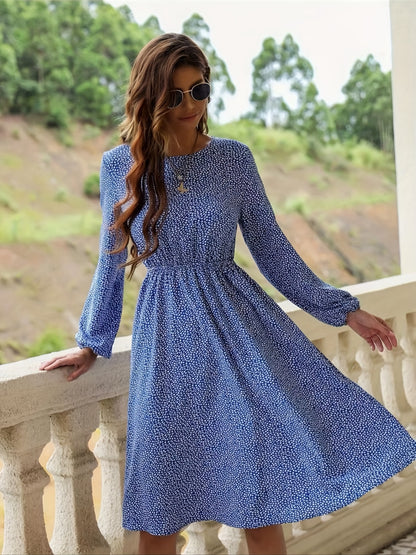 Vzyzv Allover Print Lantern Sleeve Dress, Elegant Crew Neck Cinched Waist Dress, Women's Clothing