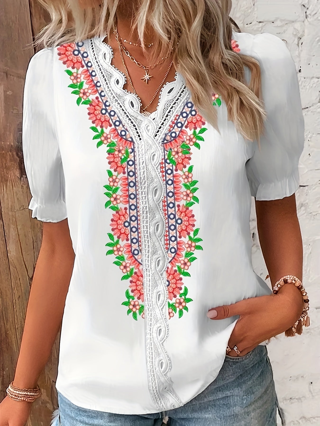 Vzyzv Floral Print Contrast Lace Blouse, Casual V Neck Short Sleeve Summer Blouse, Women's Clothing