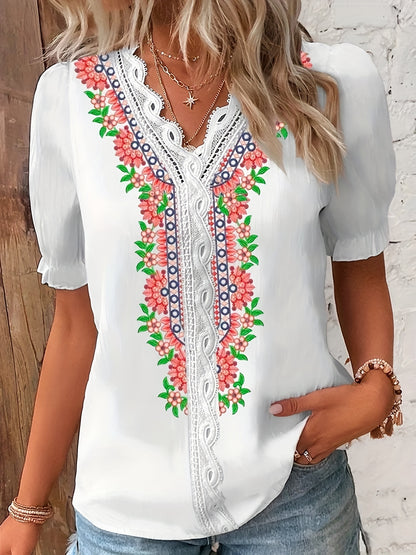 Vzyzv Floral Print Contrast Lace Blouse, Casual V Neck Short Sleeve Summer Blouse, Women's Clothing